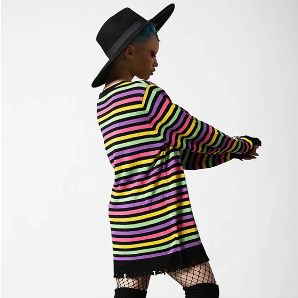 Killstar Rainbow Warrior Striped Knit Jumper Sweater Distressed Hem & Cuffs MD - Picture 6 of 15